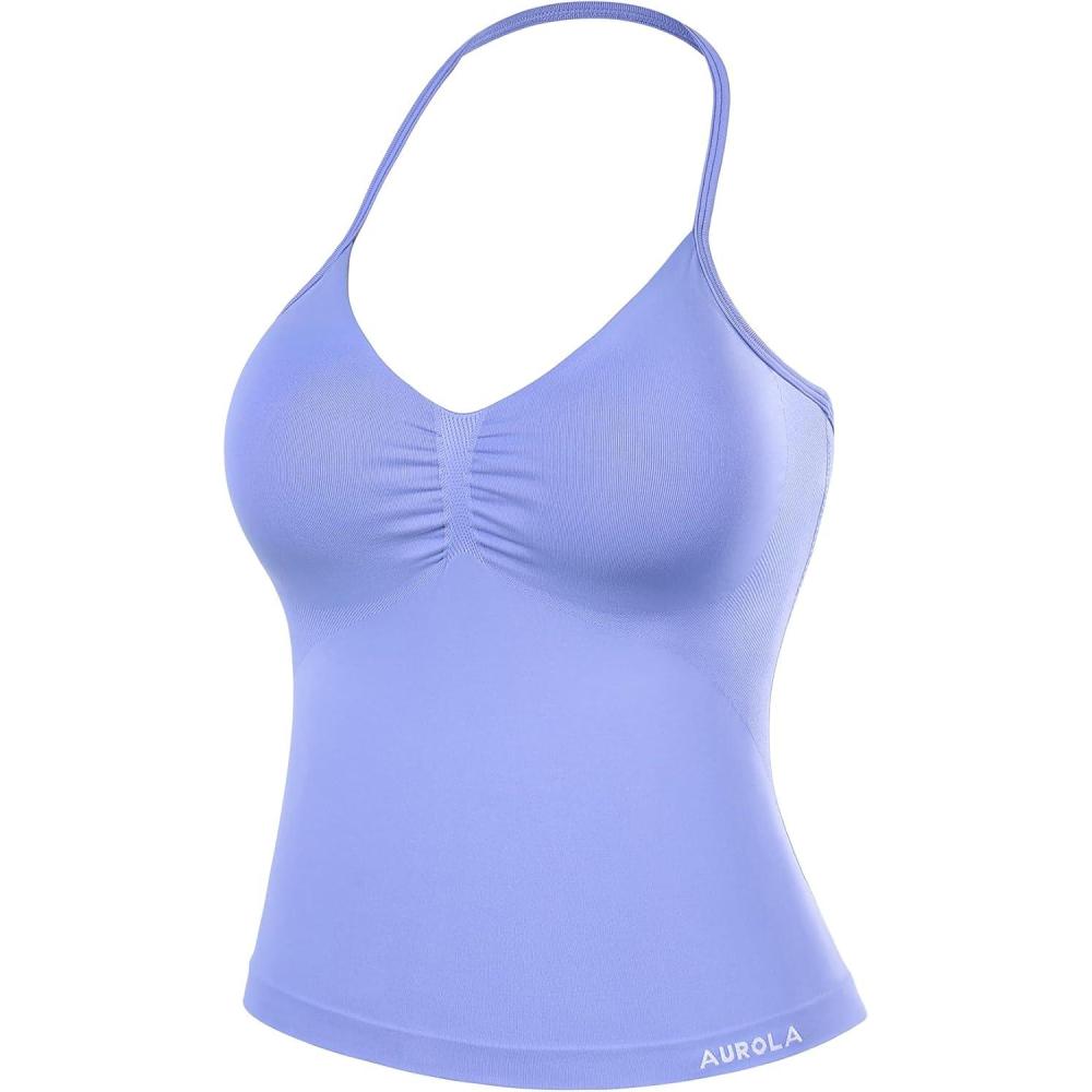 imageAUROLA Influence Longline Strappy Workout Halter Tops for WomenRemovable Cups Padded Bras Impact Gym Yoga Sleeveless TopJacaranda