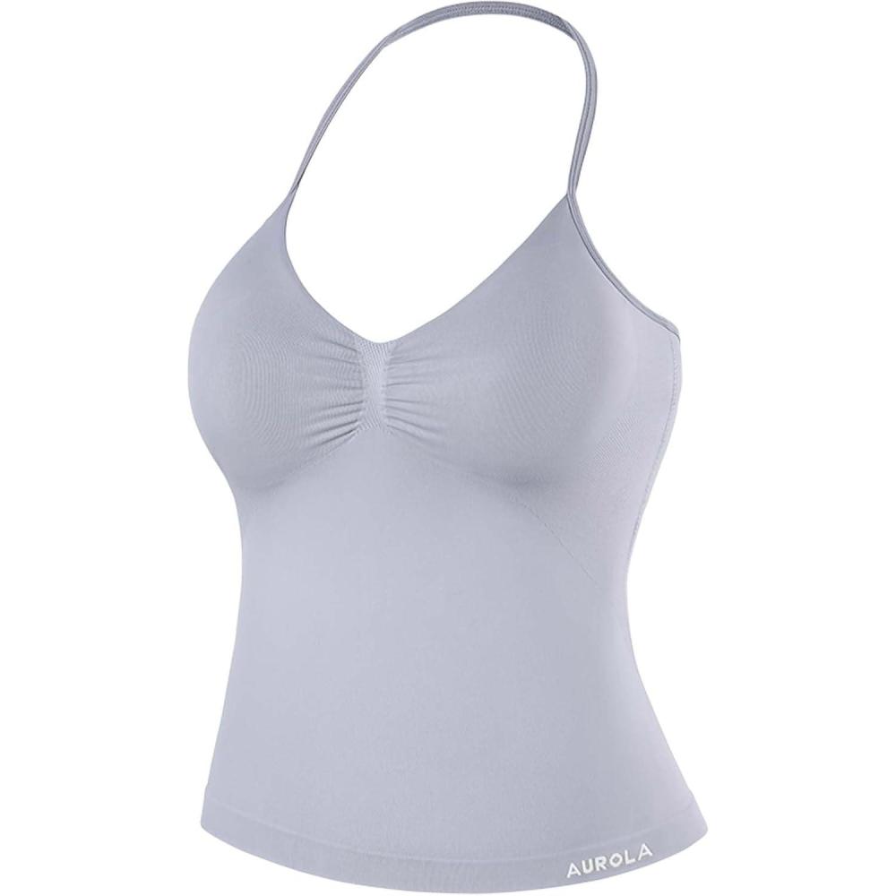 imageAUROLA Influence Longline Strappy Workout Halter Tops for WomenRemovable Cups Padded Bras Impact Gym Yoga Sleeveless TopLilac Gray