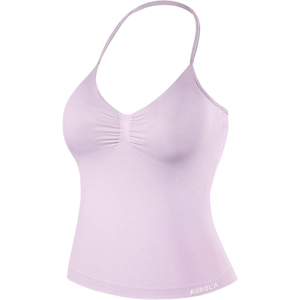 imageAUROLA Influence Longline Strappy Workout Halter Tops for WomenRemovable Cups Padded Bras Impact Gym Yoga Sleeveless TopLilac Snow