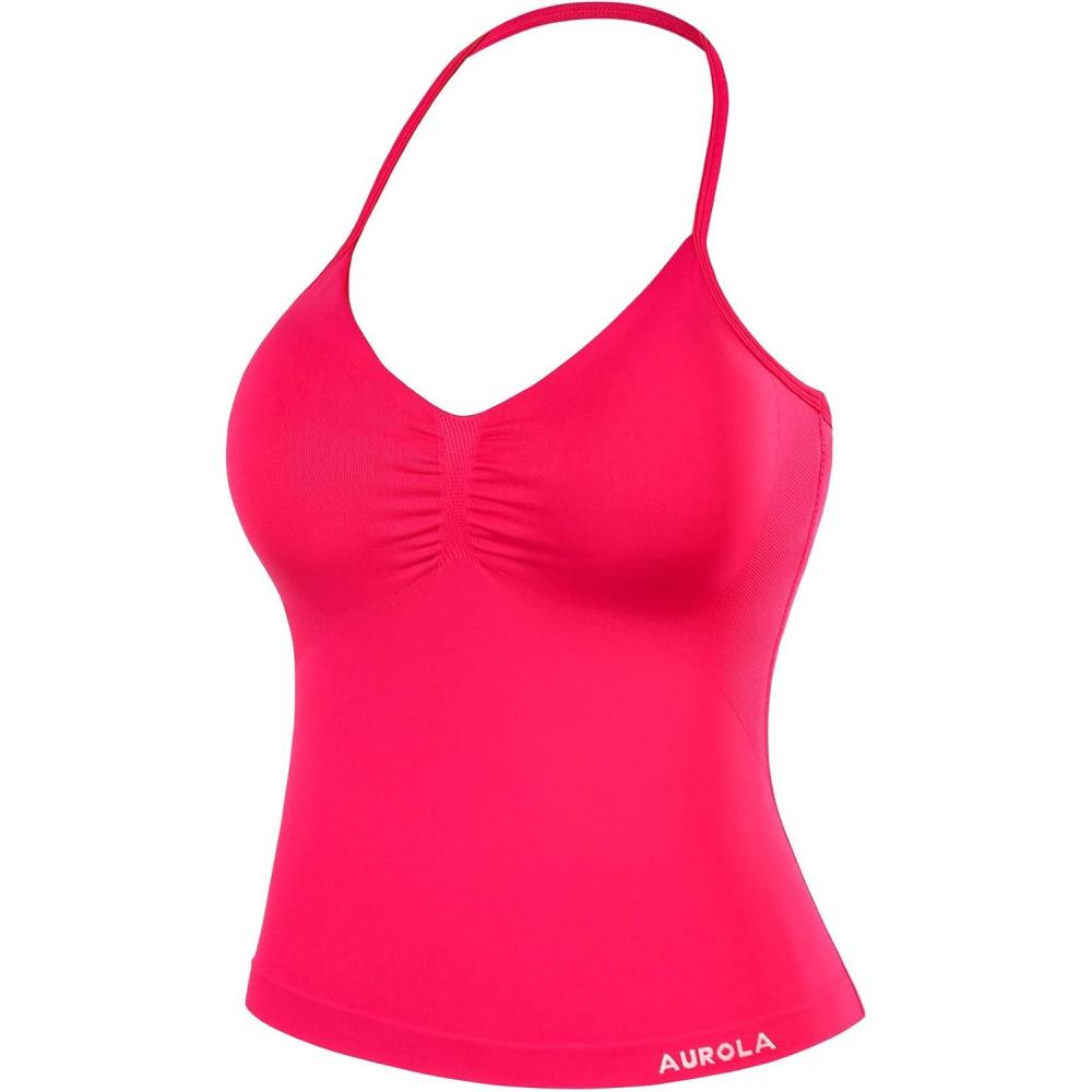 imageAUROLA Influence Longline Strappy Workout Halter Tops for WomenRemovable Cups Padded Bras Impact Gym Yoga Sleeveless TopPink
