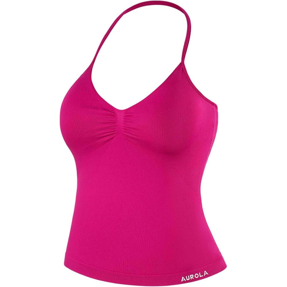 imageAUROLA Influence Longline Strappy Workout Halter Tops for WomenRemovable Cups Padded Bras Impact Gym Yoga Sleeveless TopVivid Cerise