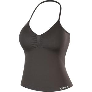 imageAUROLA Influence Longline Strappy Workout Halter Tops for WomenRemovable Cups Padded Bras Impact Gym Yoga Sleeveless TopChestnut Brown