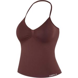 imageAUROLA Influence Longline Strappy Workout Halter Tops for WomenRemovable Cups Padded Bras Impact Gym Yoga Sleeveless TopCinnamon