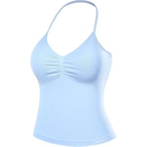 imageAUROLA Influence Longline Strappy Workout Halter Tops for WomenRemovable Cups Padded Bras Impact Gym Yoga Sleeveless TopSky Light