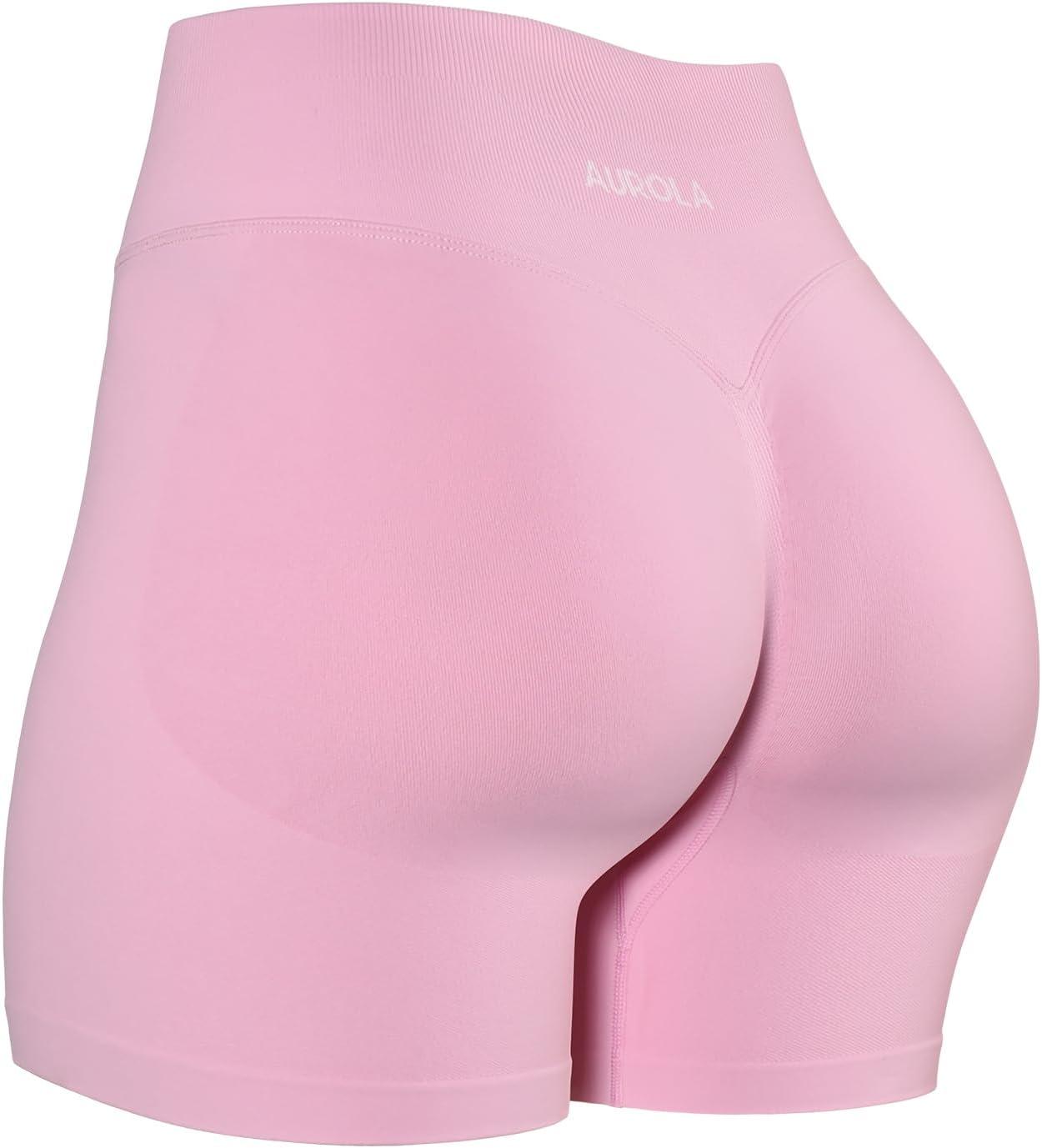 imageAUROLA Influence Workout Shorts ampamp Bras Set for WomenNo Roll Up Squat Proof Shorts Seamless Compression Gym Bra Set Sweet Pink M