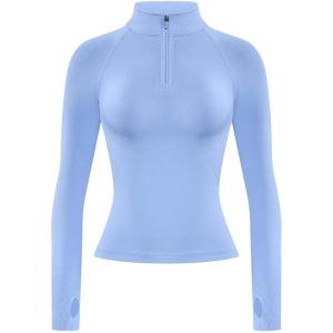 imageAUROLA Influence Workout Jacket for Women Half Zip Cropped Slim Fit Long Sleeve Yoga Jackets Athletic Top with Thumb HolesAiry Blue