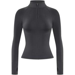 imageAUROLA Influence Workout Jacket for Women Half Zip Cropped Slim Fit Long Sleeve Yoga Jackets Athletic Top with Thumb HolesDark Grey