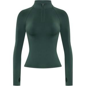 imageAUROLA Influence Workout Jacket for Women Half Zip Cropped Slim Fit Long Sleeve Yoga Jackets Athletic Top with Thumb HolesEden Green
