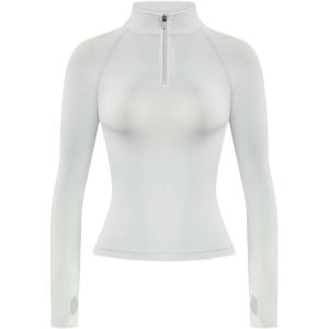 imageAUROLA Influence Workout Jacket for Women Half Zip Cropped Slim Fit Long Sleeve Yoga Jackets Athletic Top with Thumb HolesGlacier Gray