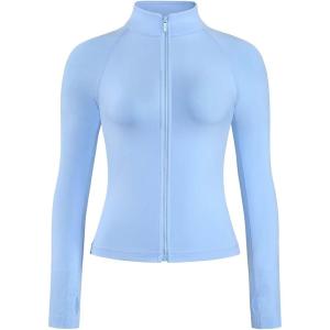 imageAUROLA Influence Athletic Workout Jacket for Women Lightweight Slim Fit Full Zip Running Yoga Sports Jacket with Thumb HolesSky Light
