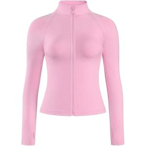 imageAUROLA Influence Athletic Workout Jacket for Women Lightweight Slim Fit Full Zip Running Yoga Sports Jacket with Thumb HolesSweet Pink