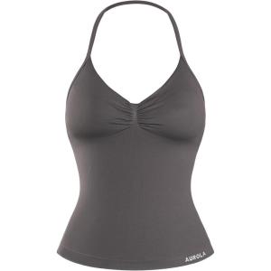 imageAUROLA Influence Longline Strappy Top Workout Tank Tops for Women Built in Shelf Bras Impact Gym Sports Yoga BraPlum Truffle