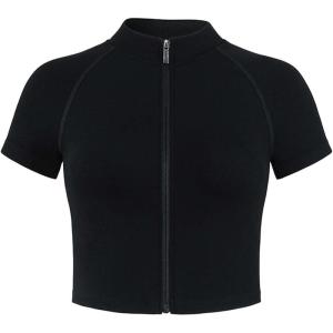 imageAUROLA Power Short Sleeve Zippy Ribbed Active Shirt for Women Seamless Longline Workout TShirt Athletic Yoga Zip Up TopBlack
