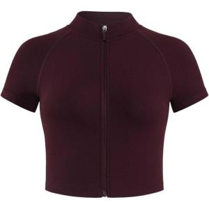 imageAUROLA Power Short Sleeve Zippy Ribbed Active Shirt for Women Seamless Longline Workout TShirt Athletic Yoga Zip Up TopBlack Cherry