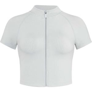 imageAUROLA Power Short Sleeve Zippy Ribbed Active Shirt for Women Seamless Longline Workout TShirt Athletic Yoga Zip Up TopBlanc De Blanc