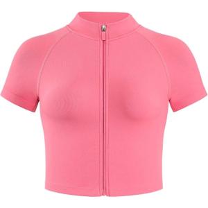 imageAUROLA Power Short Sleeve Zippy Ribbed Active Shirt for Women Seamless Longline Workout TShirt Athletic Yoga Zip Up TopBubblegum