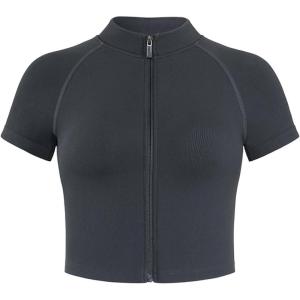 imageAUROLA Power Short Sleeve Zippy Ribbed Active Shirt for Women Seamless Longline Workout TShirt Athletic Yoga Zip Up TopDark Grey