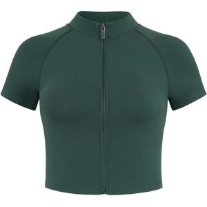imageAUROLA Power Short Sleeve Zippy Ribbed Active Shirt for Women Seamless Longline Workout TShirt Athletic Yoga Zip Up TopEden Green