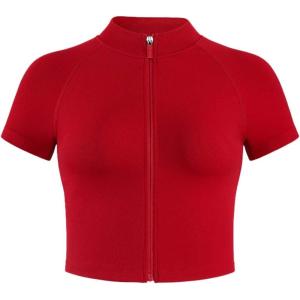 imageAUROLA Power Short Sleeve Zippy Ribbed Active Shirt for Women Seamless Longline Workout TShirt Athletic Yoga Zip Up TopFlame Red