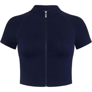 imageAUROLA Power Short Sleeve Zippy Ribbed Active Shirt for Women Seamless Longline Workout TShirt Athletic Yoga Zip Up TopNaval Academy