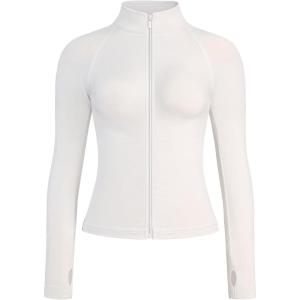 image:imageAUROLA Influence Athletic Workout Jacket for Women Lightweight Slim Fit Full Zip Running Yoga Sports Jacket with Thumb HolesLight Ivory
