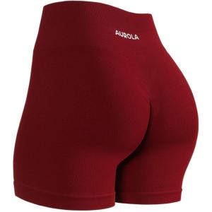 image:imageAUROLA Power Workout Shorts for Women Tummy Control Squat Proof Ribbed Thick Seamless Scrunch Active ShortMaroon