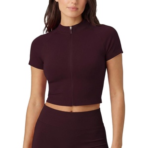 image:imageAUROLA Workout Tops for Women Short Sleeve Gym Shirts Seamless Slim Fit Zip Up Yoga Jacket Crop TopBlack Cherry