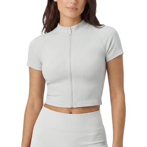 image:imageAUROLA Workout Tops for Women Short Sleeve Gym Shirts Seamless Slim Fit Zip Up Yoga Jacket Crop TopBlanc De Blanc