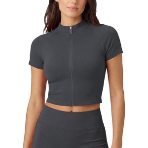 image:imageAUROLA Workout Tops for Women Short Sleeve Gym Shirts Seamless Slim Fit Zip Up Yoga Jacket Crop TopDark Grey