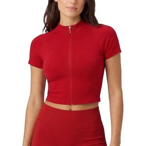 image:imageAUROLA Workout Tops for Women Short Sleeve Gym Shirts Seamless Slim Fit Zip Up Yoga Jacket Crop TopFlame Red