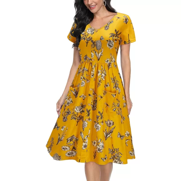 VOTEPRETTY Women's Short Sleeve V Neck Sundress Summer Casual Button Floral Dress with Pockets