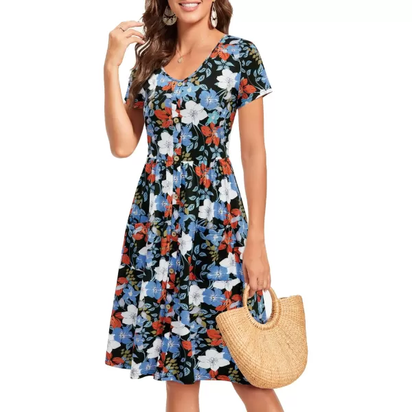 VOTEPRETTY Women's Short Sleeve V Neck Sundress Summer Casual Button Floral Dress with Pockets