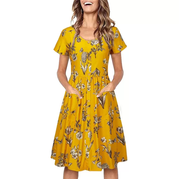 VOTEPRETTY Women's Short Sleeve V Neck Sundress Summer Casual Button Floral Dress with Pockets