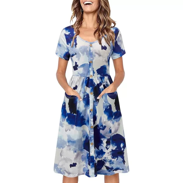 VOTEPRETTY Women's Short Sleeve V Neck Sundress Summer Casual Button Floral Dress with Pockets