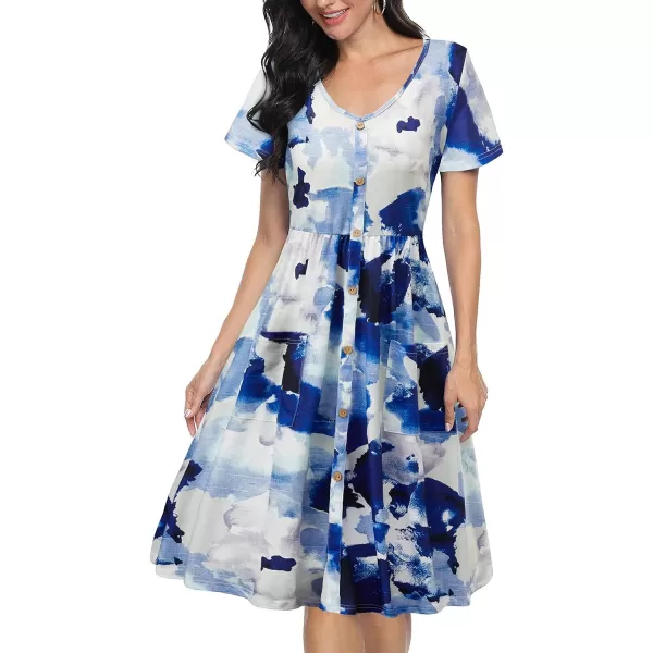 VOTEPRETTY Women's Short Sleeve V Neck Sundress Summer Casual Button Floral Dress with Pockets