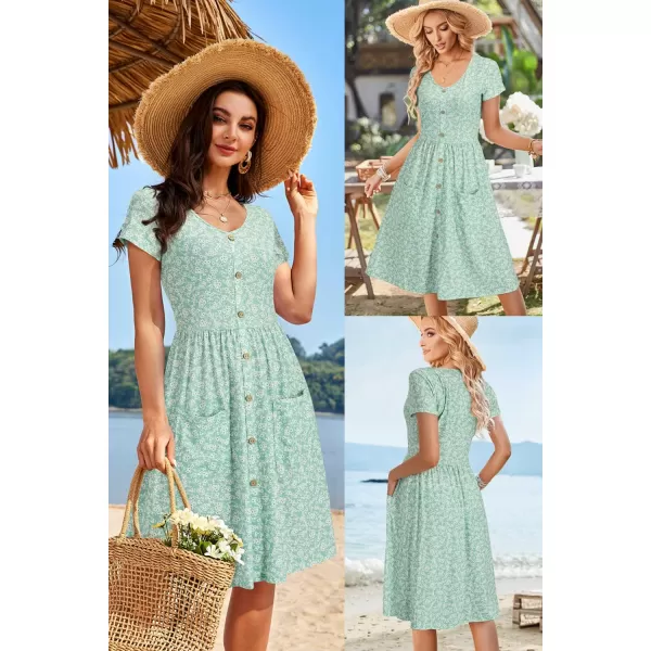 VOTEPRETTY Women's Short Sleeve V Neck Sundress Summer Casual Button Floral Dress with Pockets