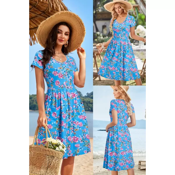 VOTEPRETTY Women's Short Sleeve V Neck Sundress Summer Casual Button Floral Dress with Pockets