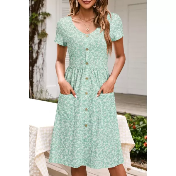 VOTEPRETTY Women's Short Sleeve V Neck Sundress Summer Casual Button Floral Dress with Pockets