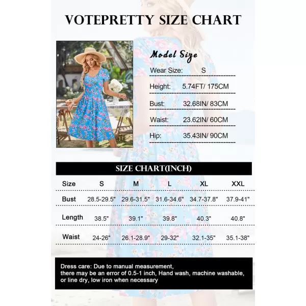 VOTEPRETTY Women's Short Sleeve V Neck Sundress Summer Casual Button Floral Dress with Pockets