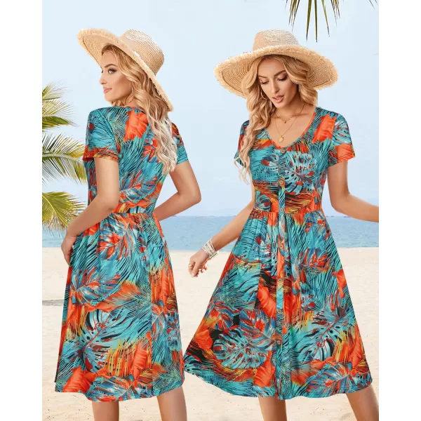 VOTEPRETTY Women's Short Sleeve V Neck Sundress Summer Casual Button Floral Dress with Pockets