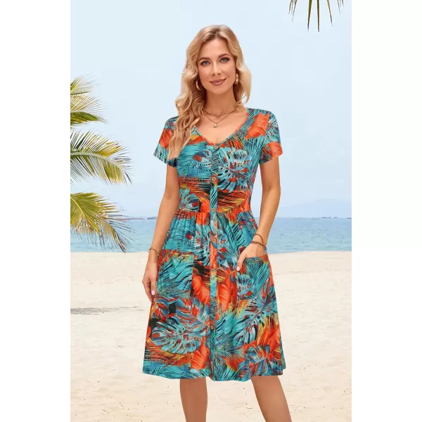 VOTEPRETTY Women's Short Sleeve V Neck Sundress Summer Casual Button Floral Dress with Pockets