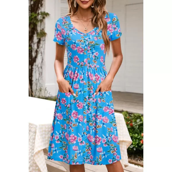 VOTEPRETTY Women's Short Sleeve V Neck Sundress Summer Casual Button Floral Dress with Pockets