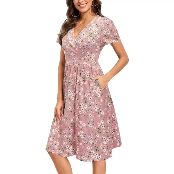 VOTEPRETTY Women's Short Sleeve V Neck Wrap Dress Summer Casual Floral Sundress with Pockets