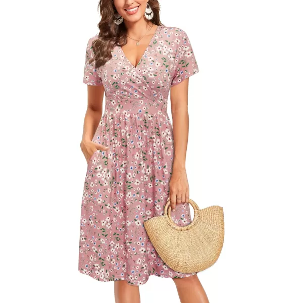 VOTEPRETTY Women's Short Sleeve V Neck Wrap Dress Summer Casual Floral Sundress with Pockets