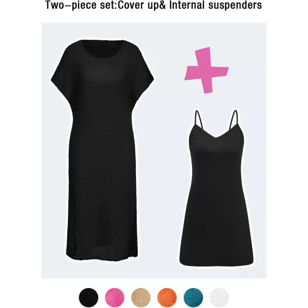 VOTEPRETTY Womens Two Piece Cover Ups Sets Crochet Beach Vacation Summer Swimwear Short Sleeve Outfits Split Knit Long Dress