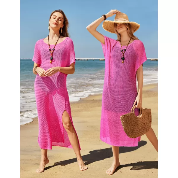 VOTEPRETTY Womens Two Piece Cover Ups Sets Crochet Beach Vacation Summer Swimwear Short Sleeve Outfits Split Knit Long Dress