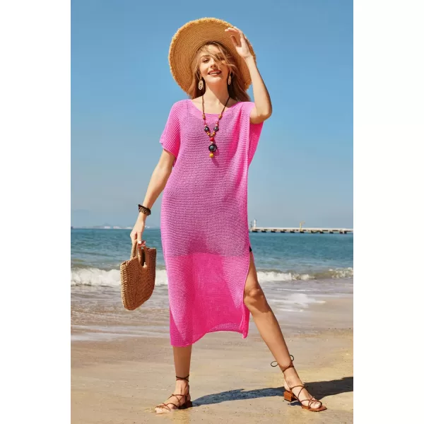 VOTEPRETTY Womens Two Piece Cover Ups Sets Crochet Beach Vacation Summer Swimwear Short Sleeve Outfits Split Knit Long Dress