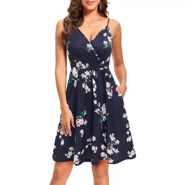 VOTEPRETTY Women's V-Neck Spaghetti Strap Dress Summer Casual Swing Sundress with Pockets