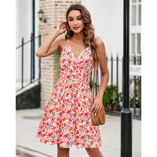 VOTEPRETTY Women's V-Neck Spaghetti Strap Dress Summer Casual Swing Sundress with Pockets