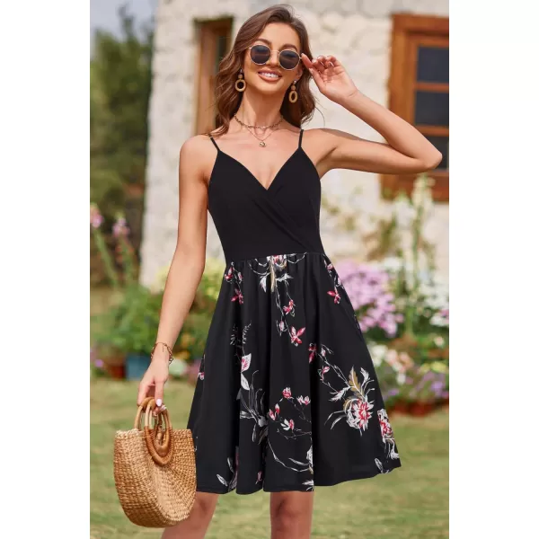 VOTEPRETTY Women's V-Neck Spaghetti Strap Dress Summer Casual Swing Sundress with Pockets